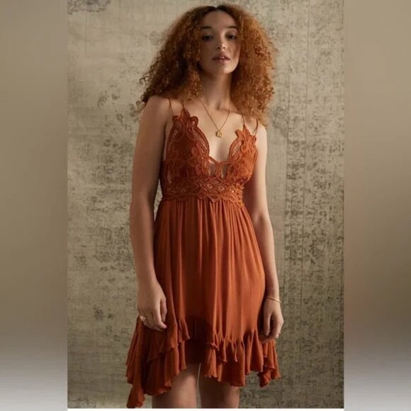 Free People womens Adella Ochre Slip Dress Lace and strappy back Size medium - Picture 1 of 11